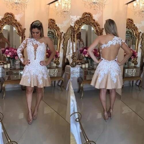 Women Satin Short Homecoming Dresses One Shoulder Above Knee Prom Dresses Appliques Beaded Cocktail Dress