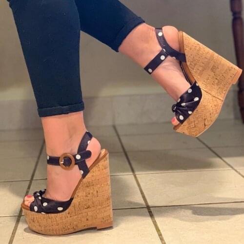 Onlymaker Women Polka Dot Platform Wedges Sandals peep toe Shoes Buckle Strap Pumps for Summer plus size