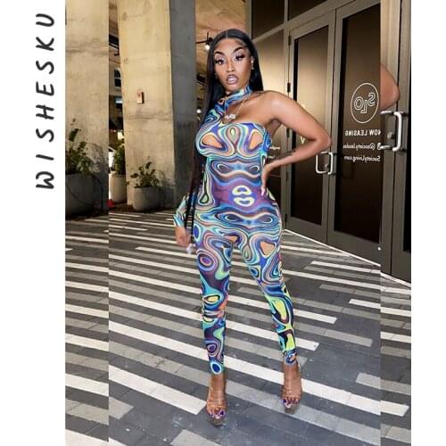 Women One Shoulder Printed Jumpsuit Sexy Cut Out Bodycon Rompers 2021 Summer One Piece Playsuit Party Fairy Grunge Outfits