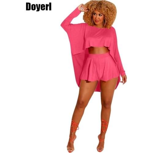 Solid Two Piece Set Women Summer Clothes 2021 Loose Batwing Long Sleeve Cropped Top Tee Shirt + Elastic Waist Casual Shorts Set