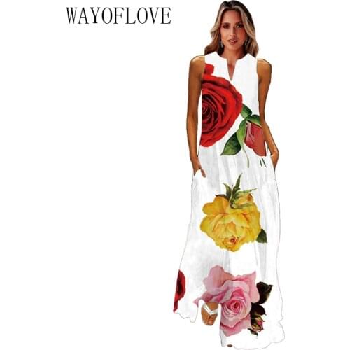 WAYOFLOVE Rose Print White Dress 2021 Elegant Casual Summer Beach Sleeveless Maxi Dresses Woman Plus Size Girls Long Dress Women