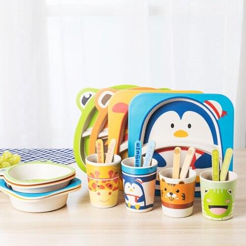 5Pcs/Set Baby Feeding Bowl Plate Dishes Fork Spoon Cup Children Tableware Bamboo Fiber Kids Cartoon Separation Feeding Plate
