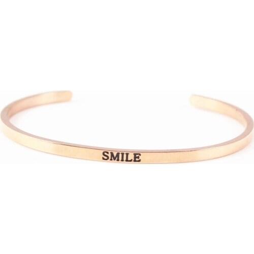 Bracelet Cuff Bangle Best Friend Sister Gift Mantra Quote "SMILE" Stainless Steel Engraved Motivational Jewelry for Women