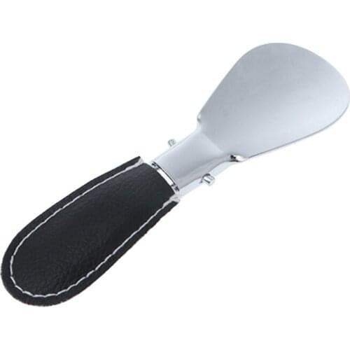 Black Folding Portable Lychee Stripe Shoehorn Metal Durable With Stainless Steel Faux Leather