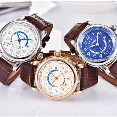 Corgeut Luxury Brand Mechanical Watch Fashion Leather Top Dual time zone Automatic Men Watch Leather Mechanical Wrist Watch