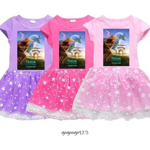 Raya and The Last Dragon Kids Clothing Girls Dress Lace Cartoon Foreign Tide Childrens Clothes Pretty Princess Pleated Dresses