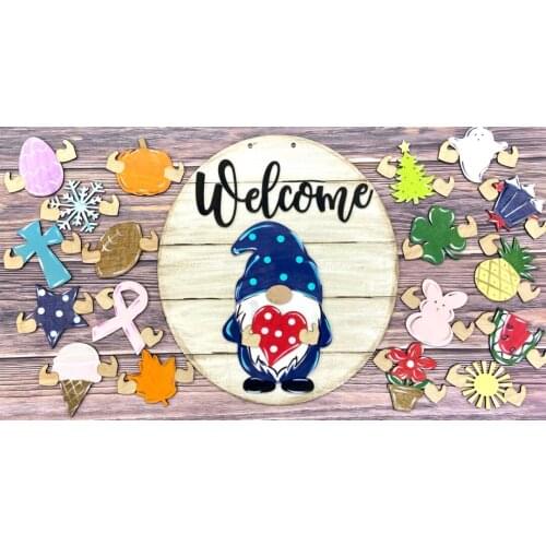 Gnome Door Hanger Mothers Day Welcome Sign with Interchangeable Holiday Pieces For Front Door Porch Hanging Handmade Gift