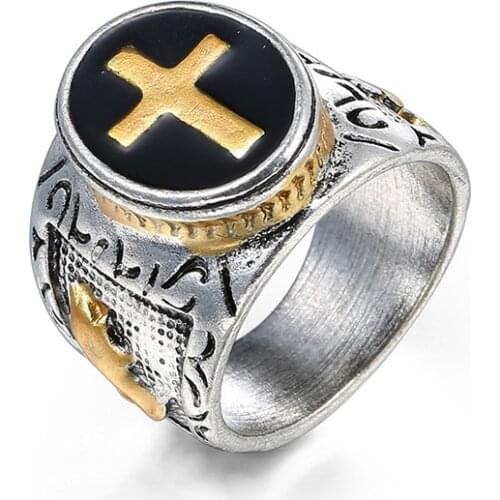 Hot Sale Size 7-15 Vintage Silver Gold Black Two-Tone Holy Cross Signet Ring Prayer Christian Jesus Religious Cocktail Valentine