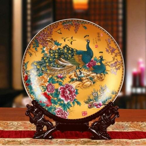 Pottery enamel colored Peony peacock restaurant living room decoration dish Background Decoration Display Wedding Gift