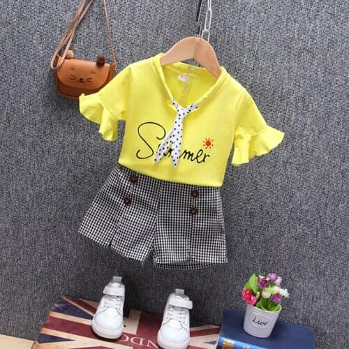 Girl Summer Clothing Set Letter Printed Shirt Petal Sleeve + Check Short Pants 2pcs Suit with Dot Necktie for Kids 12M-4Y JYF