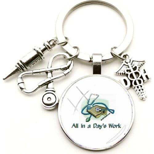 Creative Syringe Stethoscope Hospital Glass Pendant Ancient Keychain Doctor Souvenir Keyring Amulet Friend Gift Graduate