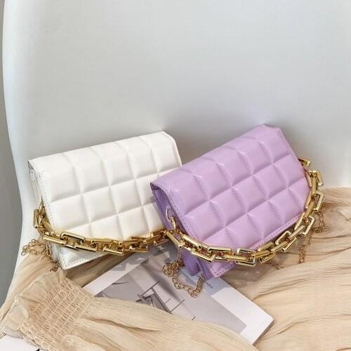 Fashion Women Checker Pattern Solid Color PU Leather Shoulder Crossbody Messenger Bag Casual Ladies Thick Chain Small Handbags