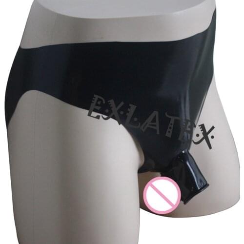 Latex Panties Men Sexy Lingerie Panties Latex Rubber Shorts with Ball and Half Penis Sheath Ring Open Erotic Underwear