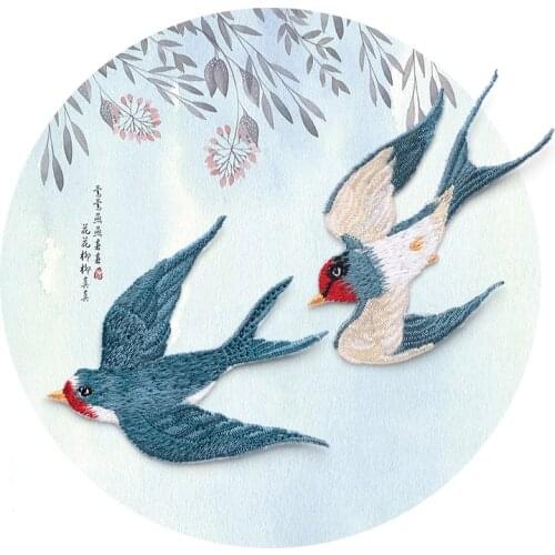 Iron On Embroidered Patches Spring Double Swallows Clothes Badges Iron on Patch Flower Applique Clothing Accessories Stickers