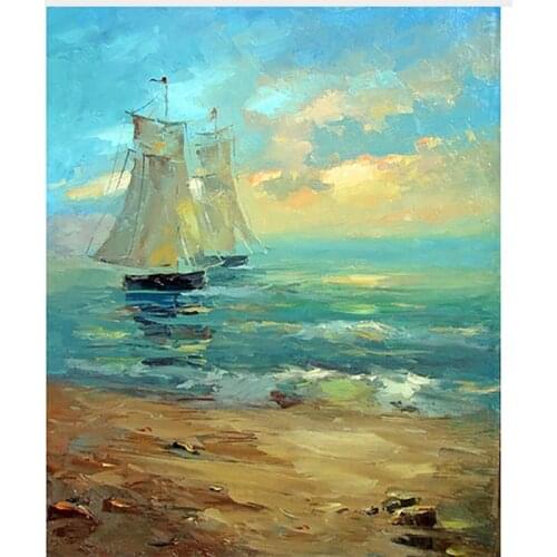 Hand painted Modern Abstract Landscape Boats & Sunset Oil Painting on Canvas Handmade Seascape Wall Art Sailing Sea Wall Decor