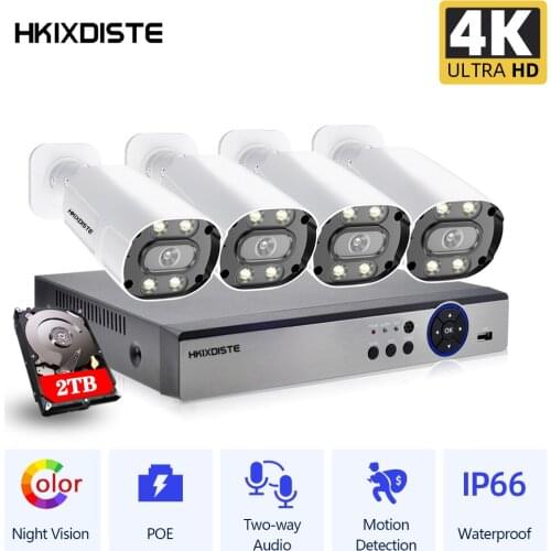 Two way Audio CCTV Camera Security System 4CH 4K POE NVR Kit Outdoor Waterproof Color Night Vison Video Surveillance Camera Set