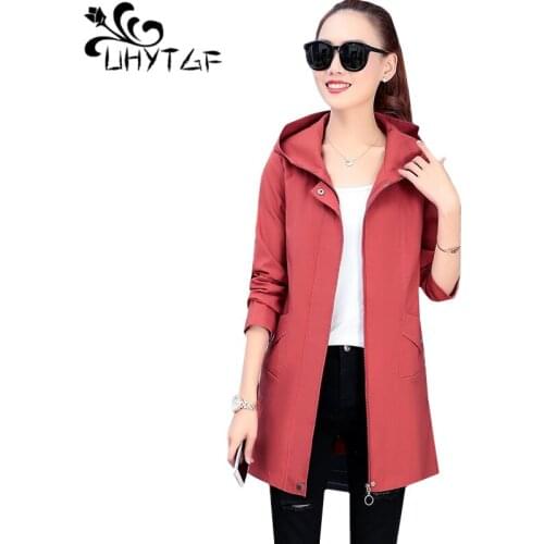 UHYTGF Loose 4XL plus size coats female fashion hooded casual spring autumn trench coat for women Korean women tops Genuine 1476
