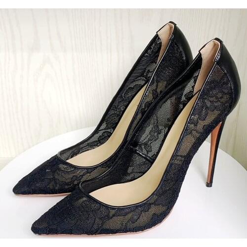 New 2020 Black White Mesh Lace High Heels Calzado Mujer Thin Heels For Women Pointed Toe Pumps Sexy Woman Party Shoes D017A