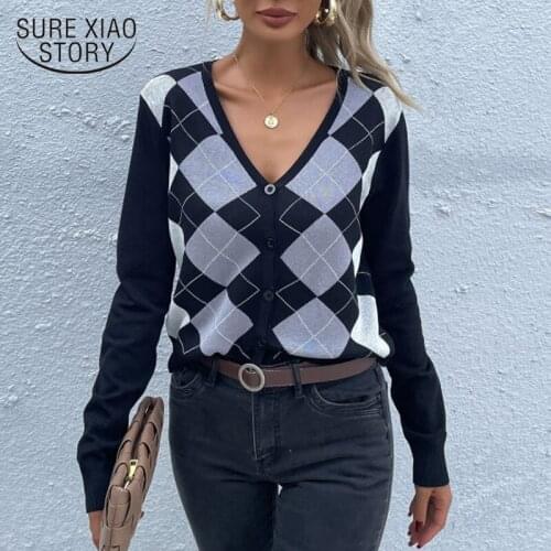 Vintage V-Neck Plaid Long Sleeve Women Sweater 2021 Autumn Winter Short Knitted Cardigan Sweater Womens England Style Top 16933