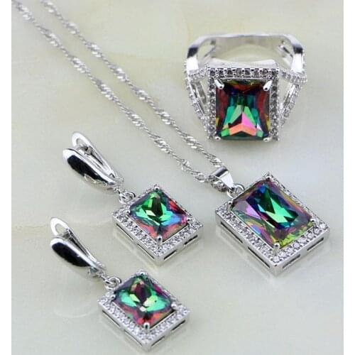Natural Square Mystic Rainbow Fire White Zircon 925 Silver Jewelry Sets for Women Wedding Necklace/Earrings/Pendant/Ring