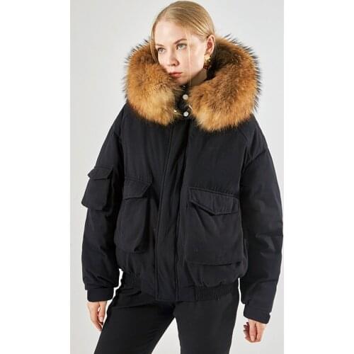 2021 New Females Real Natural Fluffy Raccoon Fox Fur Collar Women Duck Down Warm Thick Classic Coat Zip Up Flap Pocket Jacket