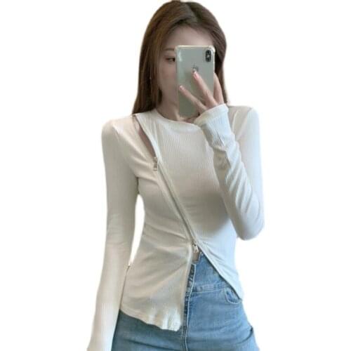 AIYANGA O-Neck Long Sleeve Shirt Women Ribbed Sexy Cropped Tops 2021 Spring Autumn Casual Skinny Slim Basic Woman T Shirts White