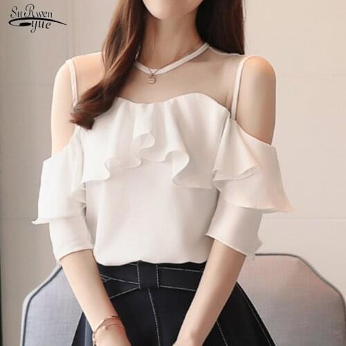 2021 O-Neck White Pink Elegant Sweet Women Blouse Summer Fashion Lady Chiffon Short Shirt Comfort Fashion Women Clothing 3893 50