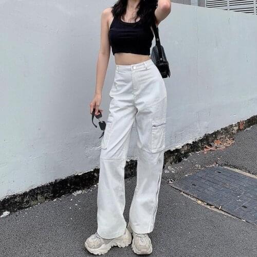 Women Summer Cargo Pants Adults Solid Color Zipper Slit High Waisted Straight-leg Jeans with Pocket