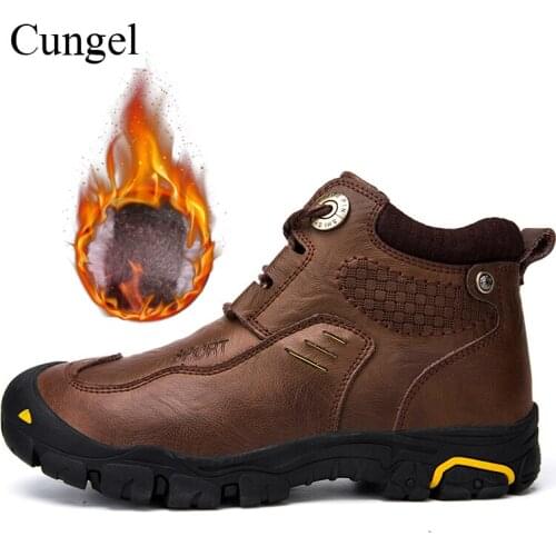Cungel Winter men Hiking shoes Outdoor Trekking Cowhide Casual classic boots Warm plush Mountain climbing Anti-skid Boots