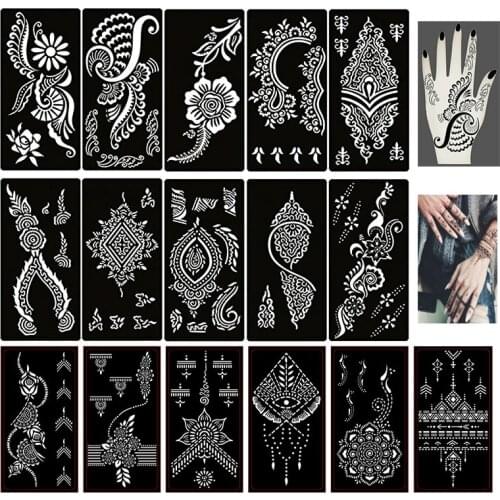 16Pcs/Set Henna Tattoo Stencils for Women/Girl Body Painting, Hand/Foot Tattoo Kit New Designs Temporary Tattoo Templates