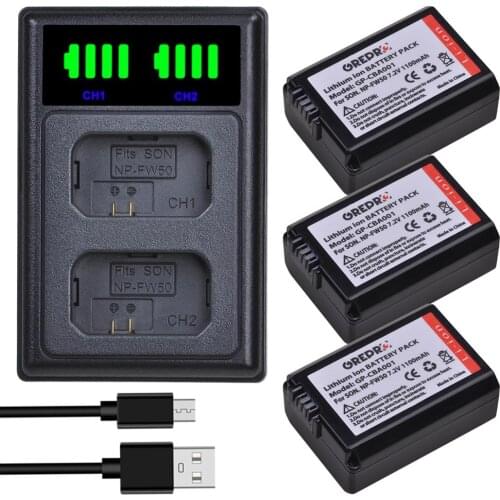 3 Pcs NP-FW50 NP FW50 Battery + LED Dual Charger with type-C port for Sony Alpha a6500 a6300 a6000 a7 7R a7R a7R II a7II NEX-3