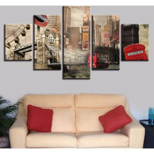 Home Decor Living Room 5 Pieces Bus And London Building Scenery Canvas Picture Poster Modular Paintings Frame Wall Art HD Prints