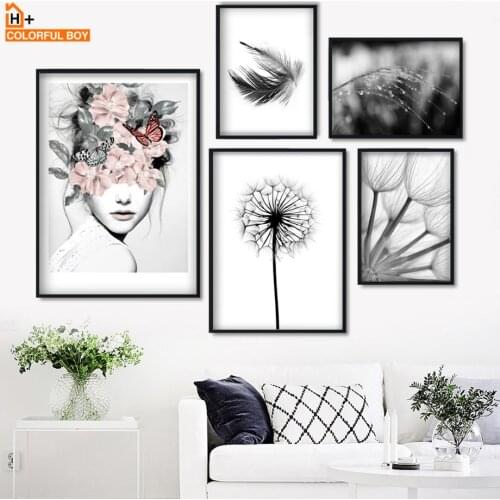 Flower Girl Dandelion Feather Landscape Wall Art Canvas Painting Nordic Posters And Prints Wall Pictures For Living Room Decor