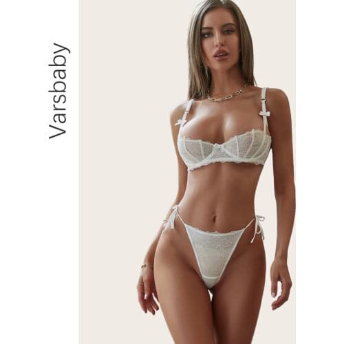Varsbaby Sexy Lingerie Lace Bra Set Thong For Women Half Cup Underwire Bra See Through Underwear Lace Thong Underwear Set