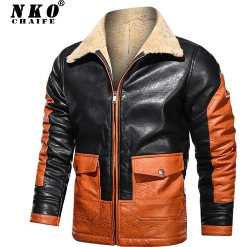 CHAIFENKO Mens Leather Jackets Winter Fleece Fur Collar Motorcycle Retro Coat Men Fashion Casual Biker Faux Leather Jacket Men