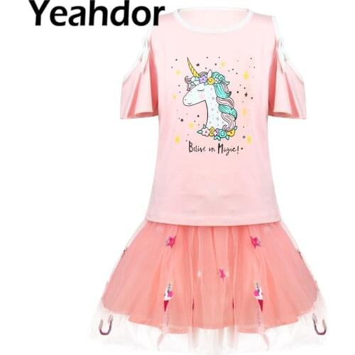 New Kids Girls Summer Outfit Casual Daily Wear Round Neck Short Flared Sleeves Cartoon Horse Printed T-shirt and Mesh Skirt Set