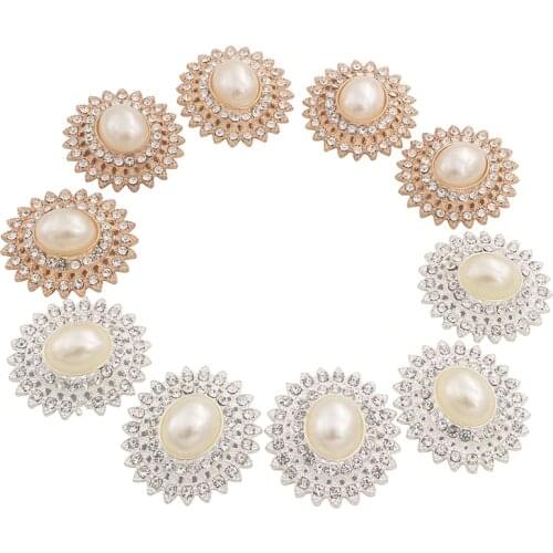 27x24mm 10pcs Button Decorative for Craft Rhinestone Gold Flatback Embellishment Pearl Crystal Bouton DIY Decoration