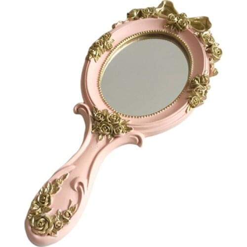 TY328 European Style Vintage Handheld Roses Mirror Princess Women Girls Oval Vanity Makeup Cosmetic Tool with Anti-Slip Handle