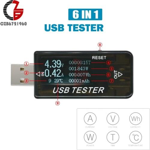 6-in-1 USB Tester Charger Doctor LCD Digital Voltmeter Ammeter Power Temperature Current Voltage Meter Battery Capacity Detector