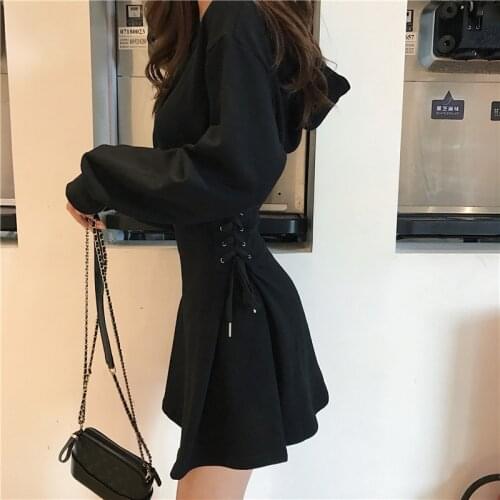 Vintage Casual Solid Color Hooded Dress Womens Dresses Japanese Harajuku Ulzzang Female Korean Kawaii Cute Clothing For Women