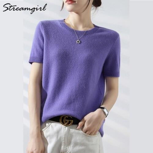 Streamgirl Knitted T Shirt Women 2021 Summer Vintage Short Sleeve Top Tees Elegant O Neck T-shirts For Women Tshirt Knitted Tops
