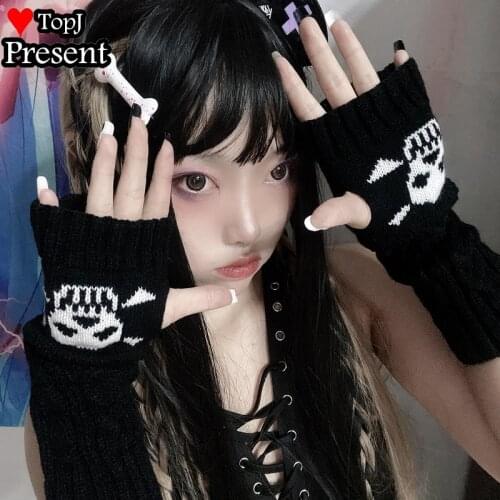 Women girl Halloween cosplay Punk Black Gothic Unisex Glove Fingerless skull Mitten Cool hip pop warm winter gloves