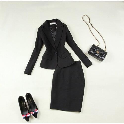Women two piece outfits autumn and winter new fashion black slim simple OL tooling small suit jacket + skirt suit