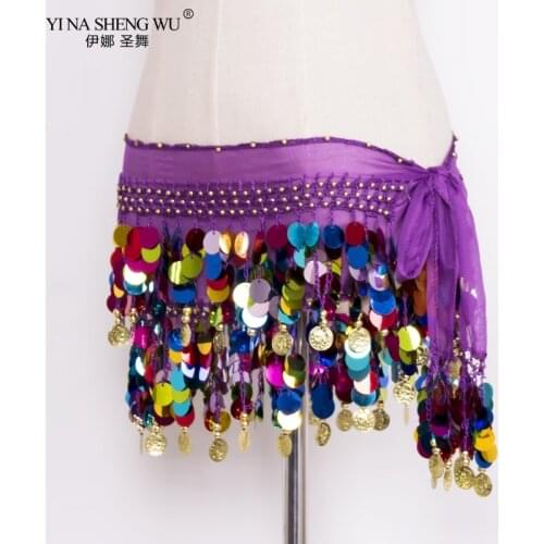 Women Belly Dance Costume Hip Scarf Wrap Sequins Belly Dancer Accessories Belt Colorful Sequins Chiffon Belt 10 Colors New