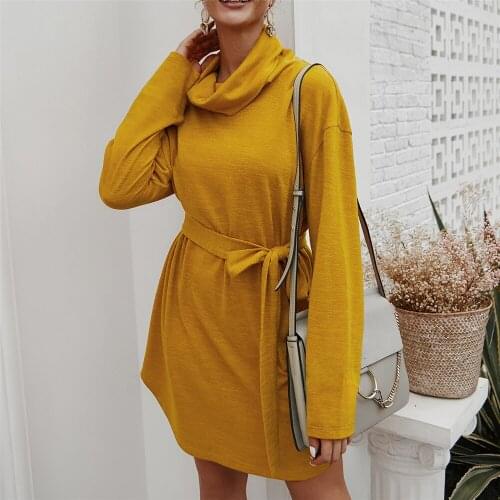 Womens autumn solid long sleeved dresses turtle neck with sashes basic inner dresses winter clothes for ladies loose dresses