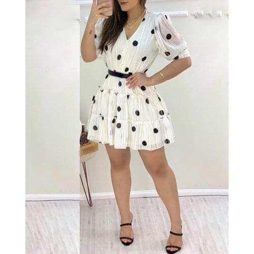 2020 Women Fashion Elegant Casual V Neck Short Sleeve Mini Party Dress Polka Dots Mesh Puff Sleeve Ruffles Casual Dress