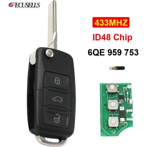3 Button Folding Flip Remote Key 6QE 959 753 433MHZ 6QE959753 ID48 Chip For Volkswagen For VW Fox Gol Sharan Saveiro HU66 Blade