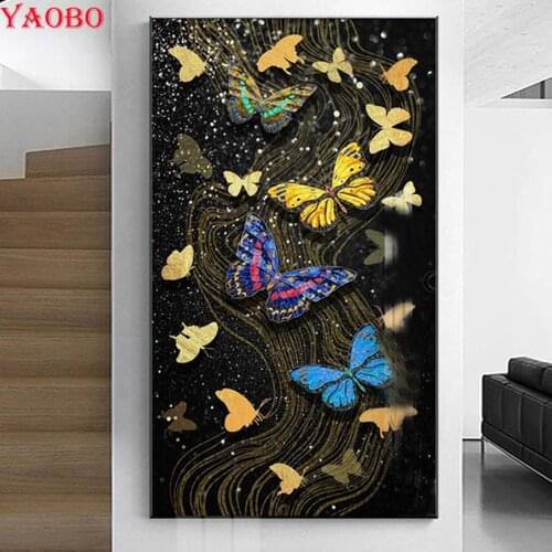 Diy Diamond Painting Modern Minimalist Blue Gold Butterfly Cross Stitch Diamond Embroidery Picture Of Rhinestones Banner Decor