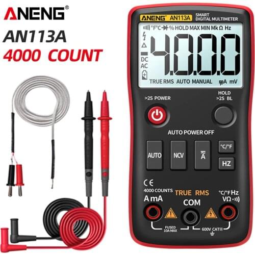 ANENG AN113A Digital Multimeter True RMS with Temperature Tester 4000 Counts Auto-Ranging AC/DC Transistor Voltage Meter