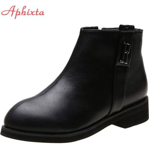 Aphixta Plus Big Size 44 Ankle Boots Female Zip Wood Square Heels Shoes Woman Platform Winter Boots Women